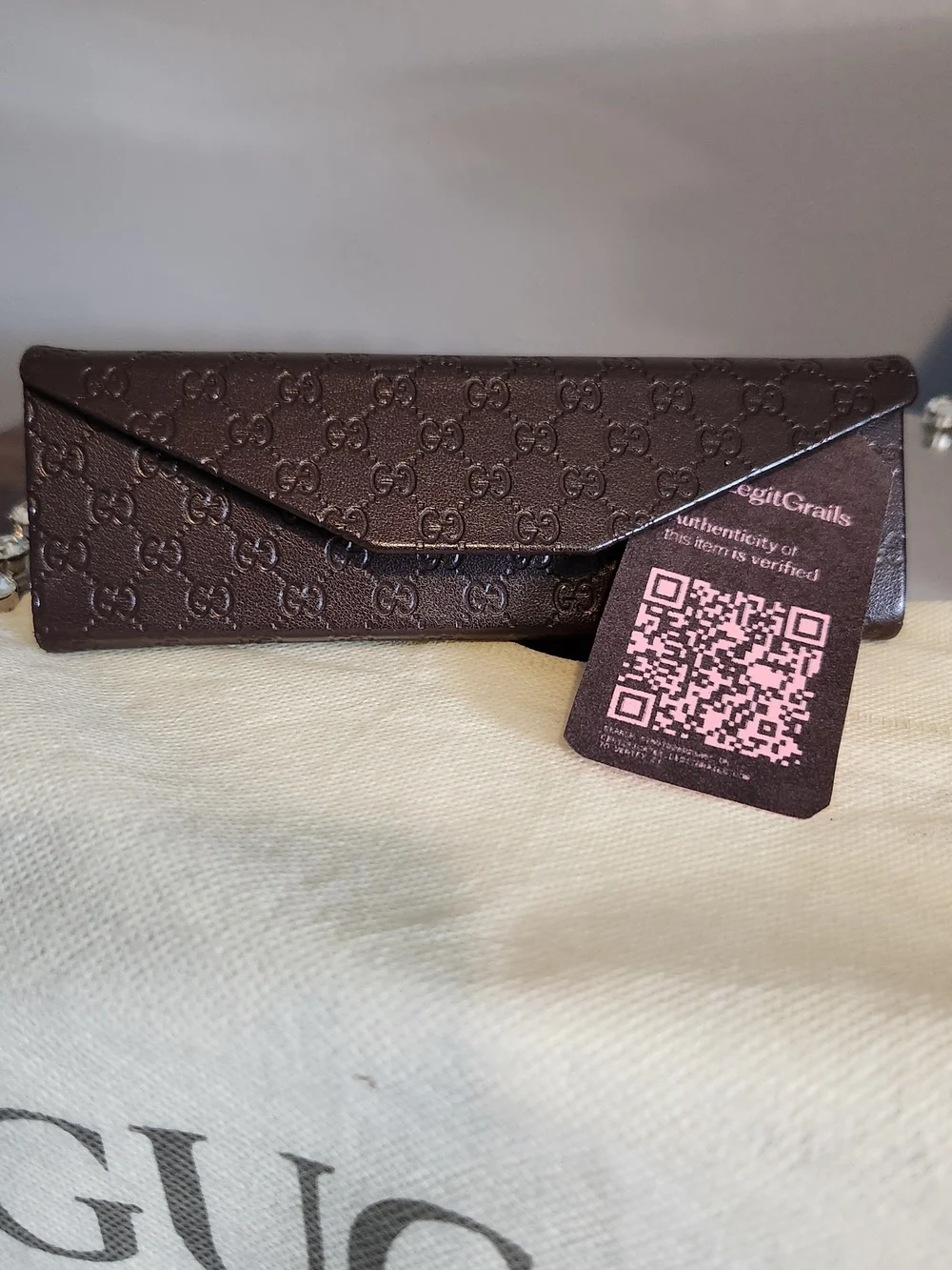 Gucci Brown Monogram Eyeglass Case with Dark Brown Frames. EUC With COA